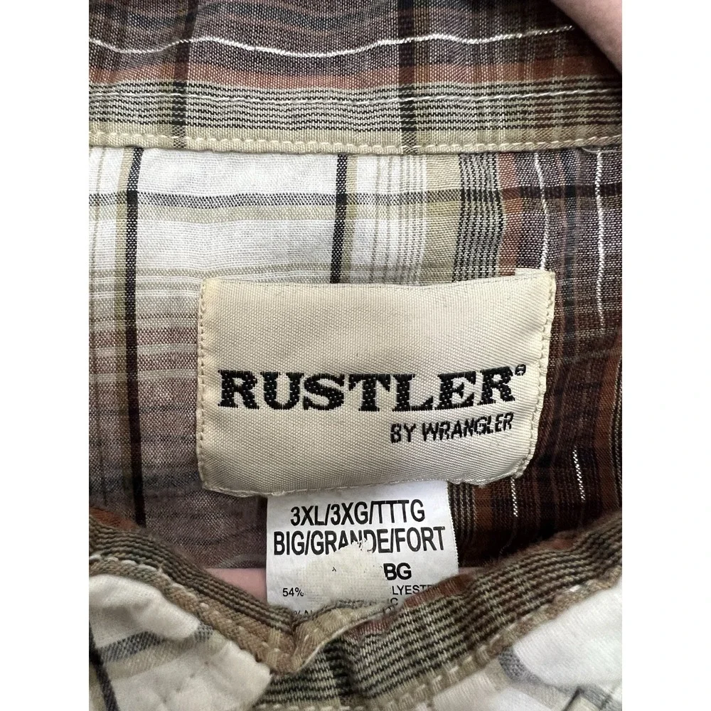 VTG Rustler Wrangler‎ Mens 3XL Plaid Short Sleeve Western Pearl Snap Shirt Brown